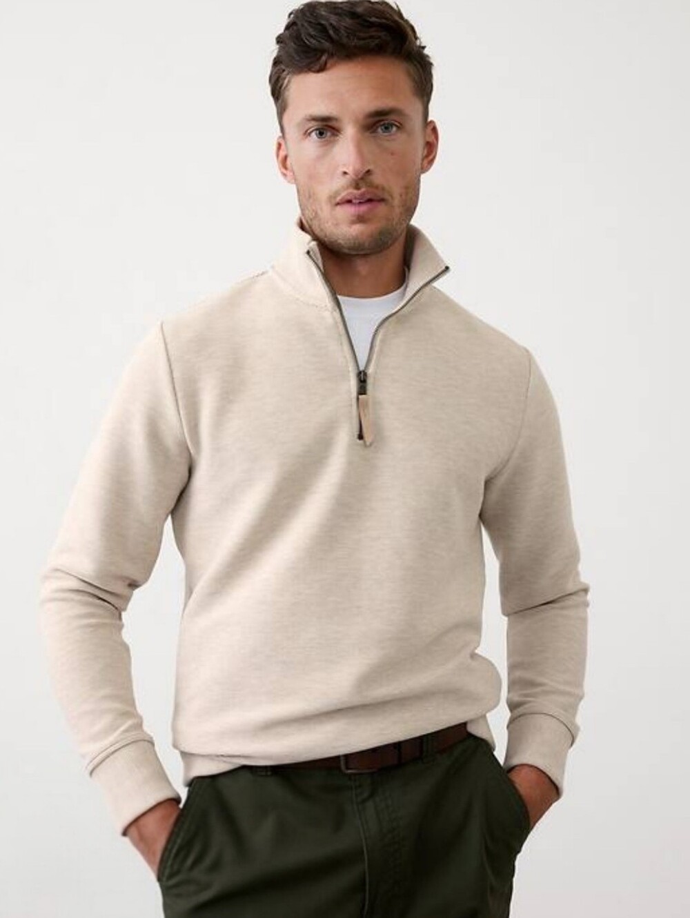 NWT Banana Republic Men's Quarter Zip Mock-Neck Sweatshirt in Oatmeal Heather XL